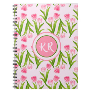 Pretty Pink Tulip Floral Flowers Leaves Monogram Notebook