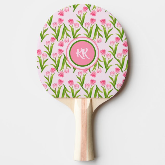 Pretty Pink Tulip Floral Flowers Leaves Monogram Ping Pong Paddle (Front)