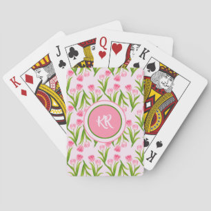 Pretty Pink Tulip Floral Flowers Leaves Monogram Playing Cards