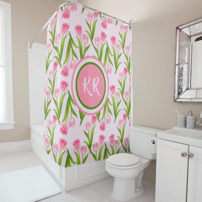 Pretty Pink Tulip Floral Flowers Leaves Monogram Shower Curtain (In Situ)