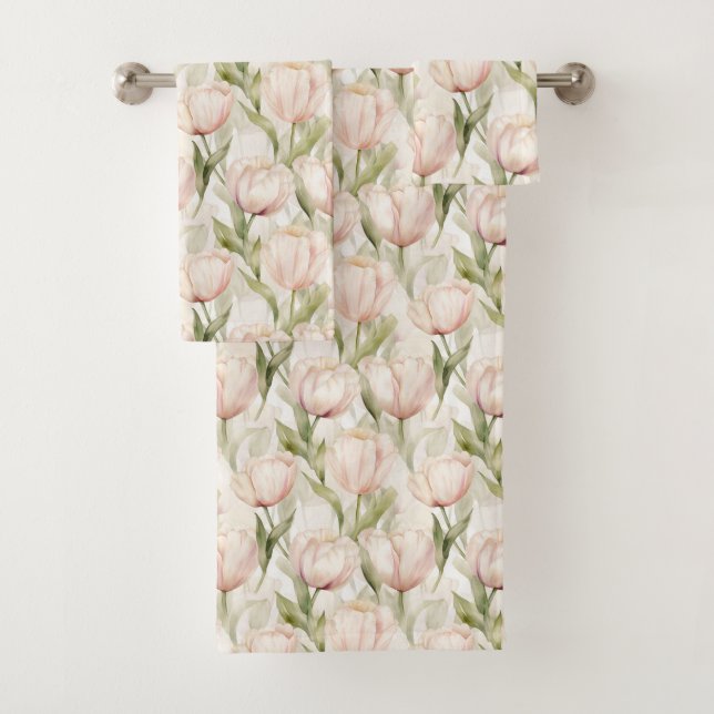 Pretty Pink Tulip Flowers Bath Towel Set (Insitu)