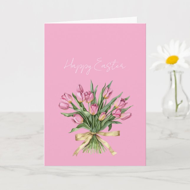 Pretty Pink Tulip Flowers Gold Bow Easter Card (Small Plant)