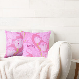 Pretty Pink Tulip with Name and Initial Floral Cushion