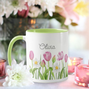 Pretty Pink Tulips and White Daffodils Coffee Mug