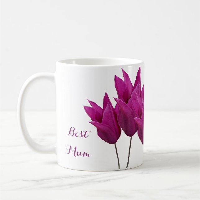 Pretty pink tulips floral stylish elegant best Mom Coffee Mug (Left)