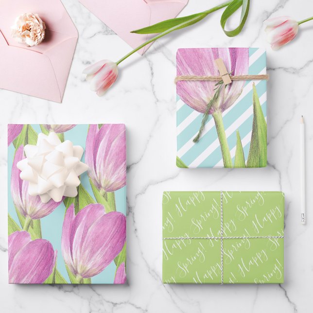 Pretty Pink Tulips Happy Spring Elegant Floral art Wrapping Paper Sheet (Creator Uploaded)
