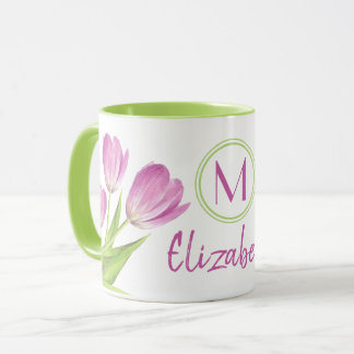 Pretty Pink Tulips Spring Elegant Floral Monogram Mug
