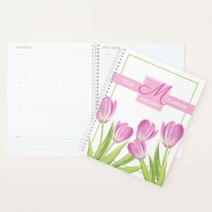 Pretty Pink Tulips Spring Elegant Floral Monogram Planner