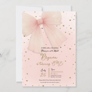 Pretty Pink Tulle Bow & Gold Confetti 1st Birthday Invitation