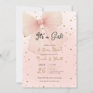 Pretty Pink Tulle Bow & Gold Confetti Baby Shower Invitation