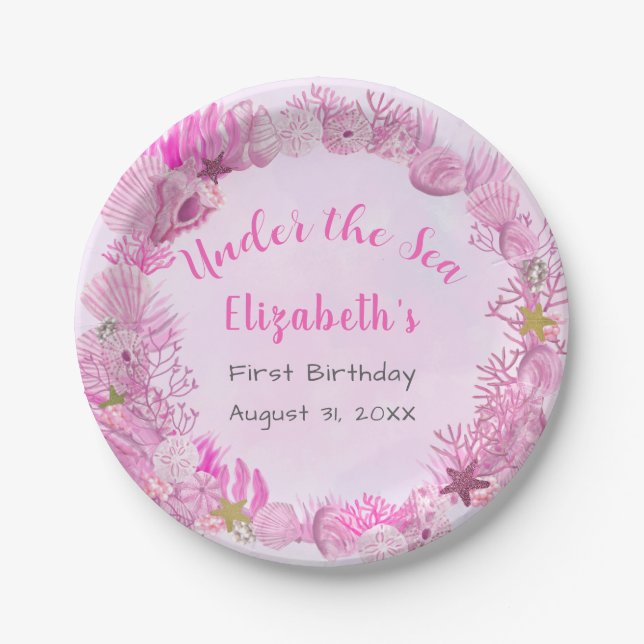 Pretty Pink Under The Sea Girl's Birthday  Paper Plate (Front)