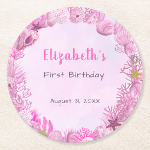 Pretty Pink Under The Sea Girl's Birthday Round Paper Coaster