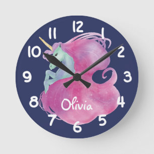 Pretty Pink Unicorn Kids Personalised Round Clock