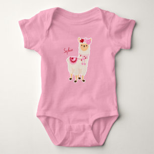 Pretty Pink Valentine's Day Llama Little Girl Name Baby Bodysuit