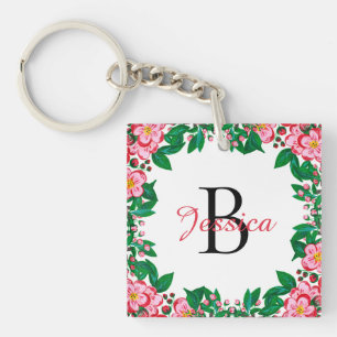 Pretty Pink Vintage Floral Frame Monogram Key Ring