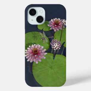 Pretty Pink Water Lily and Dragonfly iPhone 15 Case