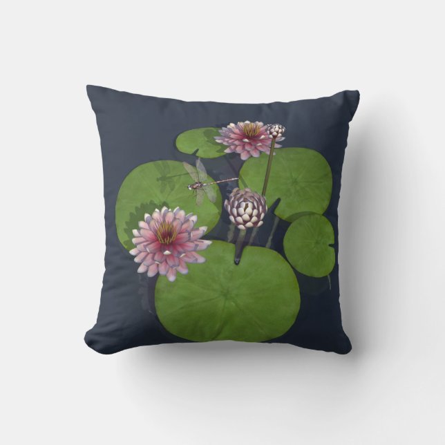 Pretty Pink Water Lily and Dragonfly Cushion (Front)