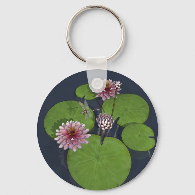 Pretty Pink Water Lily and Dragonfly Key Ring (Front)