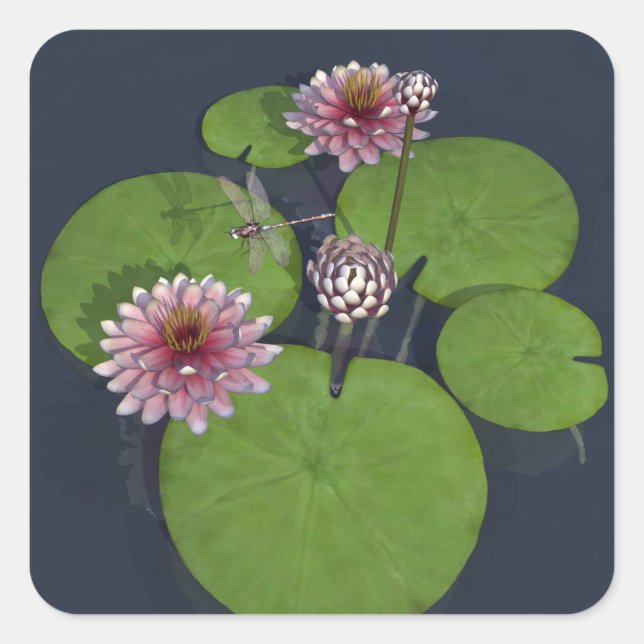 Pretty Pink Water Lily and Dragonfly Square Sticker (Front)
