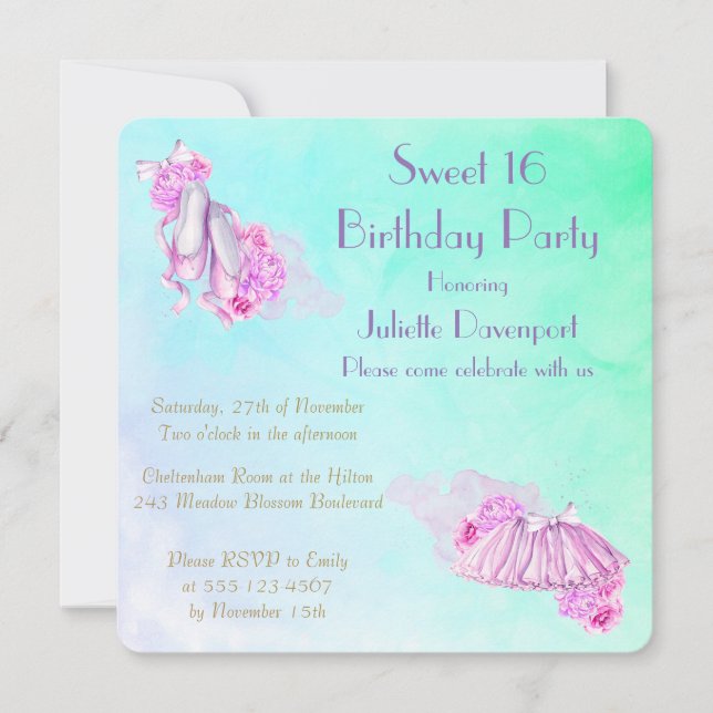 Pretty Pink Watercolor Ballet Theme Birthday Invitation (Front)