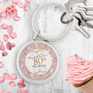 Pretty Pink Watercolor Floral 80th Birthday  Key Ring