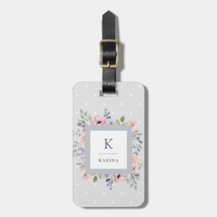 Pretty Pink Watercolor Floral and Monogram on Grey Luggage Tag
