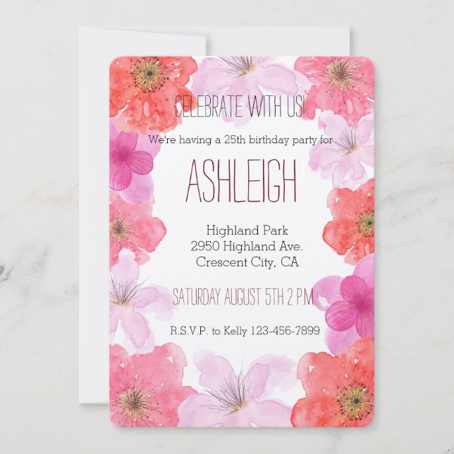 Pretty Pink Watercolor Floral birhtday Invitation (Front)