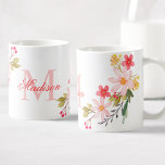 Pretty Pink Watercolor Floral Custom Monogram Name Coffee Mug<br><div class="desc">A beautiful pink hand painted watercolor floral arrangement illustration on a mug with your own personalised monogram and name.</div>