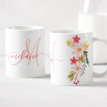 Pretty Pink Watercolor Floral Custom Monogram Name Coffee Mug<br><div class="desc">A beautiful pink hand painted watercolor floral arrangement illustration on a mug with your own personalised monogram and name.</div>
