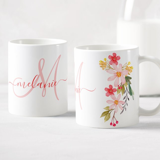 Pretty Pink Watercolor Floral Custom Monogram Name Coffee Mug (Creator Uploaded)