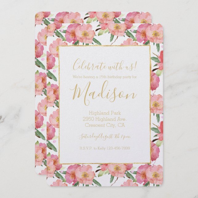 Pretty Pink Watercolor Floral Invitation (Front/Back)