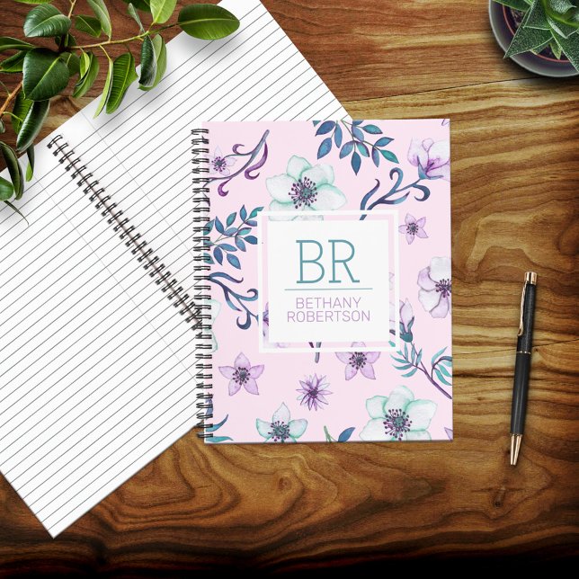 Pretty Pink Watercolor Floral Personalised Notebook (Creator Uploaded)