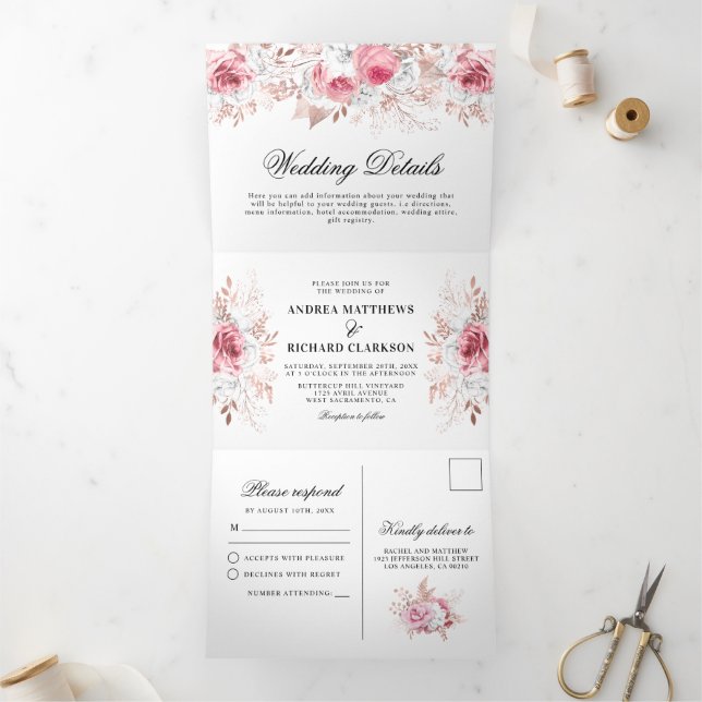 Pretty Pink Watercolor Floral Wedding Tri-Fold (Inside)