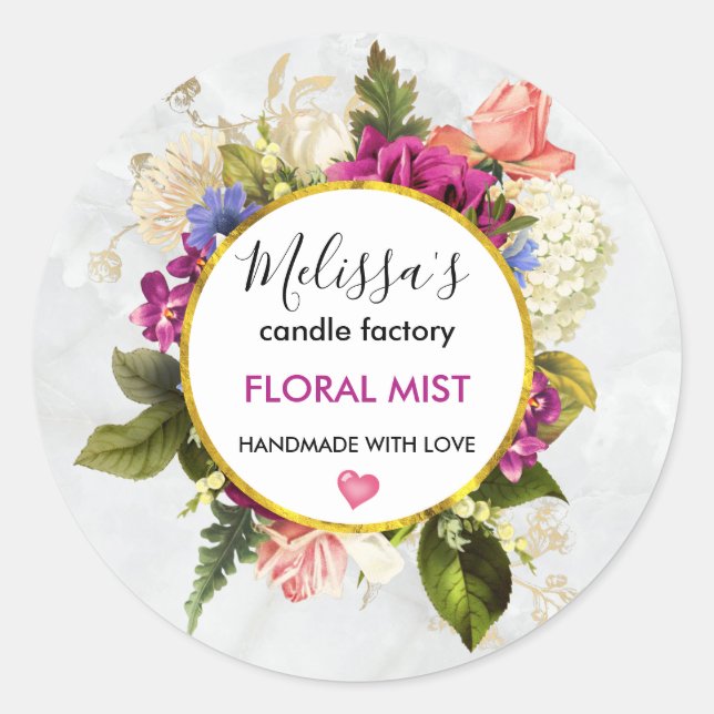 Pretty Pink Watercolor Flowers Candle Business Classic Round Sticker (Front)