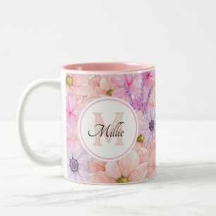 Pretty Pink Watercolor Flowers Monogrammed for her Two-Tone Coffee Mug