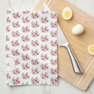 Pretty pink watercolor flowers monogrammed tea towel