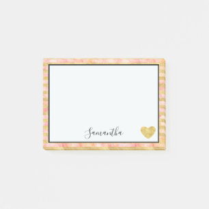 Pretty Pink Watercolor Gold Glitz Stripes Heart Post-it Notes