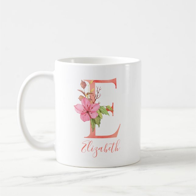 Pretty Pink Watercolor Letter "E" Coffee Mug (Left)