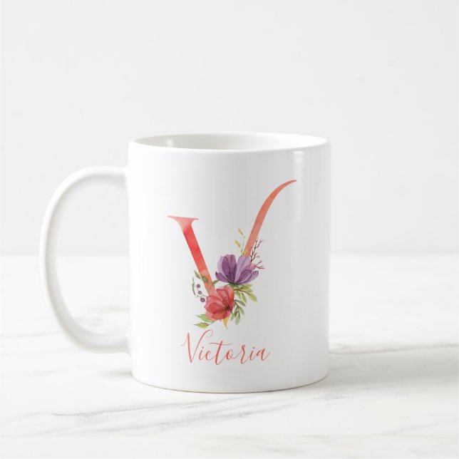 Pretty Pink Watercolor Letter "V" Coffee Mug (Left)