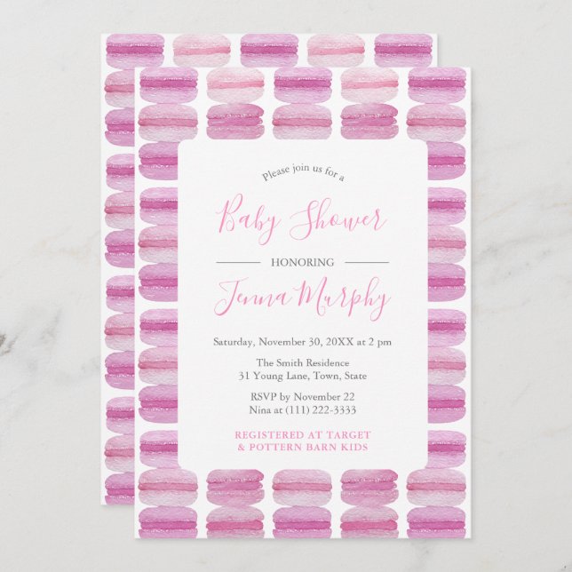 Pretty Pink Watercolor Macaron Baby Shower Invitation (Front/Back)