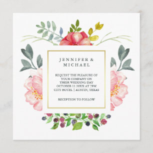 Pretty Pink Watercolor Peonies with Gold Wedding Invitation