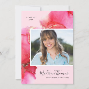 Pretty Pink Watercolor Photo Graduation Party Invitation