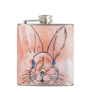 Pretty pink watercolor rabbit hand paint hip flask