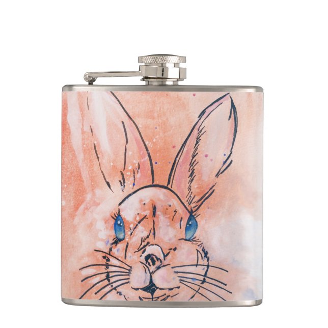 Pretty  pink watercolor rabbit hand paint hip flask (Front)