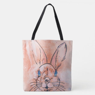 Pretty  pink watercolor rabbit hand paint tote bag