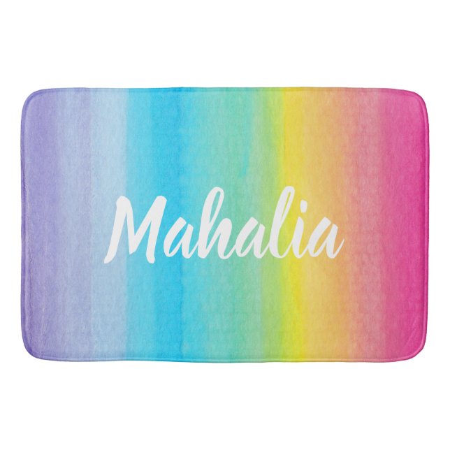 Pretty Pink Watercolor Rainbow Name Modern Bath Mat (Front)