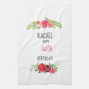 Pretty Pink Watercolor Rose Happy Birthday Text - Tea Towel