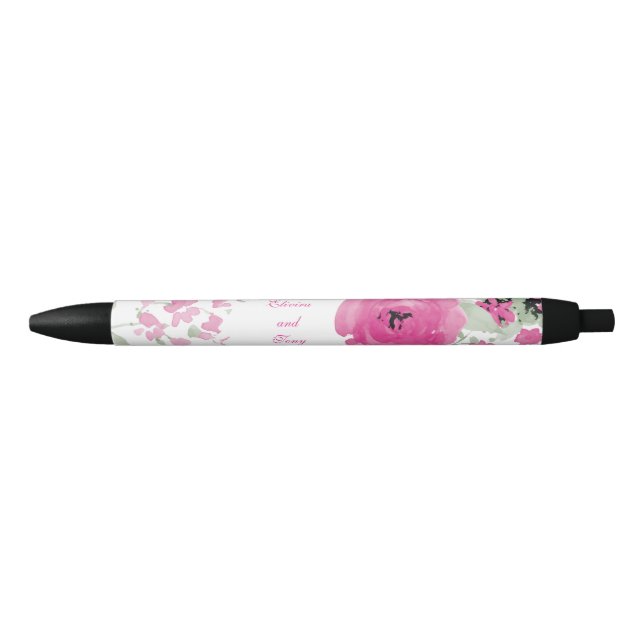 Pretty Pink Watercolor Roses Black Ink Pen (Front)
