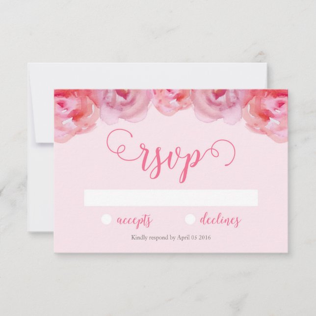 Pretty Pink Watercolor Roses Floral Wedding RSVP Card (Front)