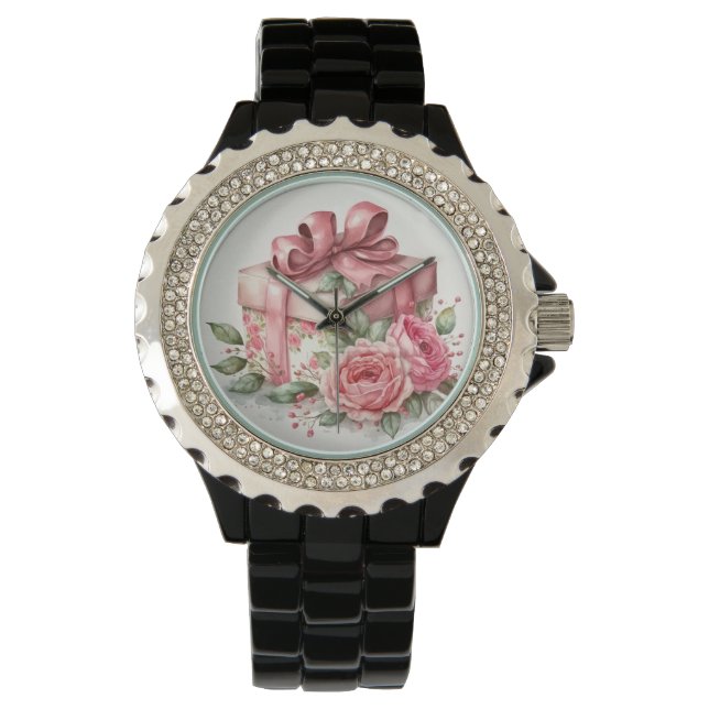 PRETTY PINK WATERCOLOR ROSES & GIFT BOX WATCH (Front)